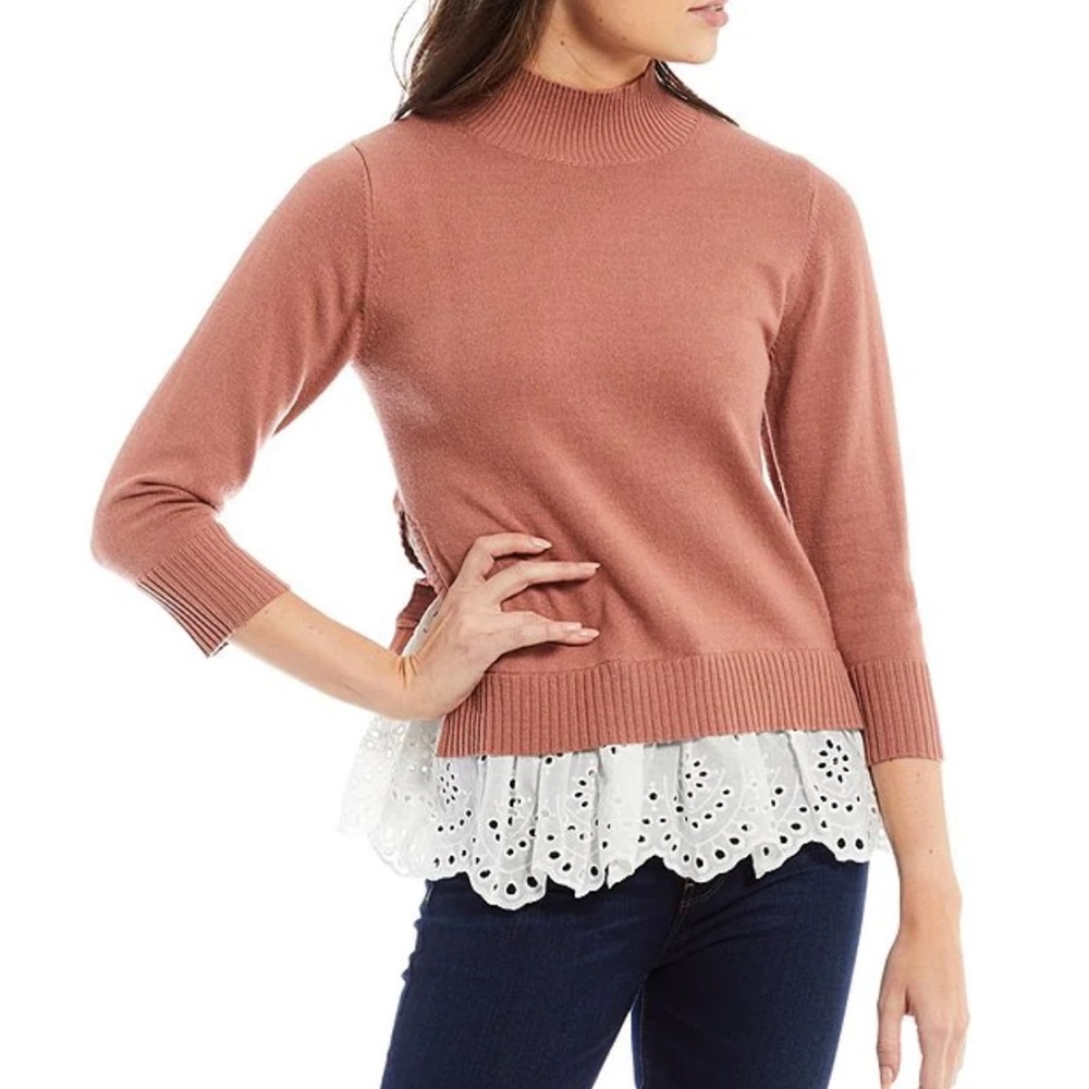 Roberta Roller Rabbit Varo Eyelet Peplum 3/4 Rib Cuff Sleeve Cashmere Sweater